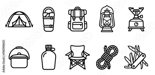 A clean, simple collection of black outline icons representing essential camping equipment, perfect for travel guides and outdoor adventure themes.