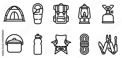 Collection of black outline icons representing essential camping equipment like a tent, sleeping bag, backpack, lantern, stove, pot, water bottle, chair, rope, and multi-tool on a white background.