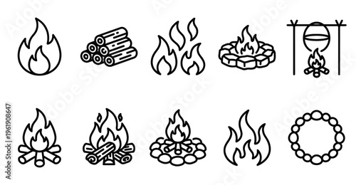 A collection of ten line art icons depicting various stages and styles of campfires, firewood, and cooking.