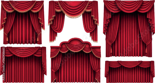 Collection of luxurious red velvet curtains and drapes with gold trim, ornate swags, and tiebacks, opulent window coverings for stages and interiors, window treatments