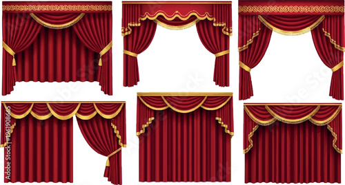 Set of opulent red velvet curtains with gold fringe and decorative tiebacks, elegant stage and interior window coverings with swags, window treatments