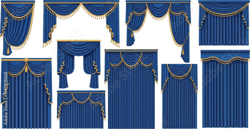 Collection of elegant royal blue curtains and drapes with gold trim and tassels, various styles and sizes, window treatments for luxurious interiors, theater, or stage