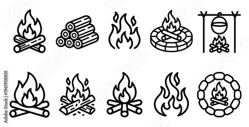 Collection of simple line art icons depicting various campfire and woodpile scenes, perfect for outdoor themes, camping, and cooking concepts.