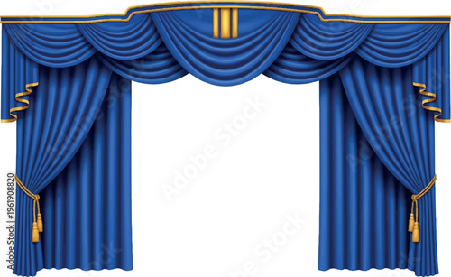 Ornate blue curtains and drapes with gold trim and tassels, forming a grand entrance or backdrop for a stage, theatre, or luxurious interior setting, home decor