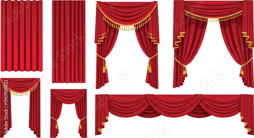 Set of red drapes, curtains, and swags with gold trim for stage, theater, or window decor, home decor