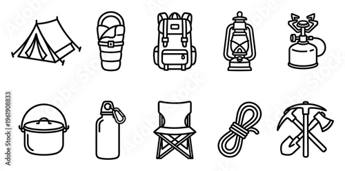 Collection of clean, black and white line art icons depicting essential camping and outdoor adventure equipment, perfect for web design or print.
