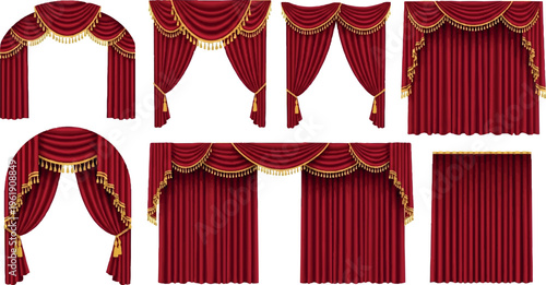 Collection of red velvet stage curtains, swags, and drapes with decorative gold trim, interior design