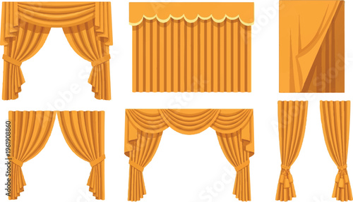 Golden drapes, curtains, and swags with scalloped trim for and stages, home decor