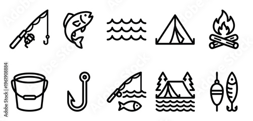 A set of simple line art icons representing various elements of fishing and camping activities like fishing rods, fish, tents, campfires, and buckets.