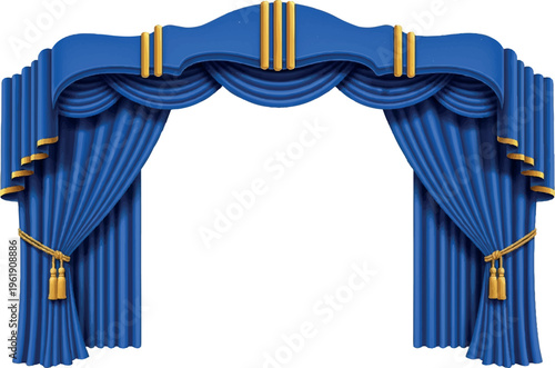 Elegant blue fabric archway curtains and drapes with decorative gold trim with interior design