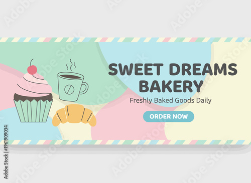 A bakery advertisement displays sweet treats and a coffee cup on a colorful background with a call to order now.