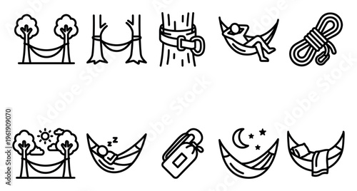 This black and white line icon set depicts various hammock scenarios, from setting up with ropes to people relaxing and sleeping under the sun and moon.