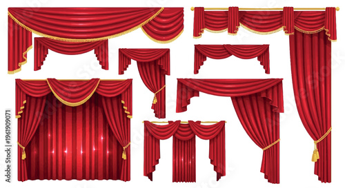 Set of rich red velvet curtains with golden trim and tassels, elegant stage drapes, theatre backdrops, and ornate window treatments for luxurious interiors, interior design