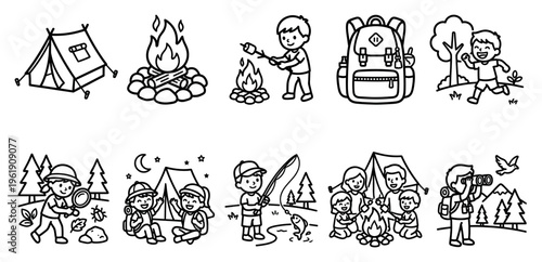 This cheerful line art illustration set depicts various children enjoying camping activities like fishing, exploring, and roasting marshmallows around a campfire with tents and nature elements.