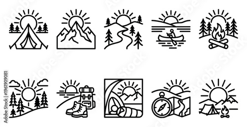 A collection of minimalist black line icons depicting various outdoor adventure activities like camping, hiking, and canoeing, perfect for travel or outdoor brands.