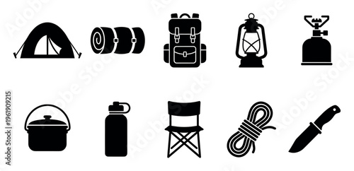 Collection of black silhouette icons for camping and outdoor adventure, including a tent, sleeping bag, backpack, lantern, stove, pot, bottle, chair, rope, and knife.