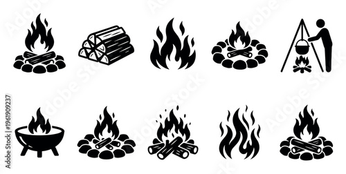 A collection of black and white vector icons depicting various campfire scenes, including logs, flames, a cooking pot over a fire, and fire pits.