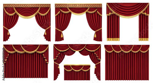 Collection of deep red velvet theatre stage curtains, drapes, and pelmets with ornate gold trim and tassels, elegant pleated designs, window dressing