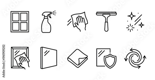 A clean, minimalist set of line art icons depicting window cleaning tools and processes, ideal for design projects related to home services or hygiene.