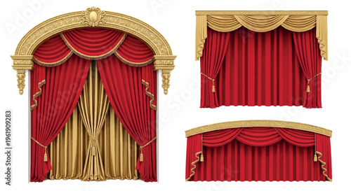 Ornate red and gold velvet theatre stage curtains, featuring grand arched proscenium, draped pelmets, and side curtains with tassels, window dressing