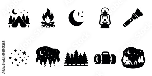 A collection of black vector icons depicting camping elements like tents, campfires, lanterns, and stars against a night sky.