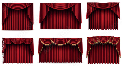 Collection of six red velvet theatrical curtains with ornate pelmets and gold trim, isolated on white background, stage curtain