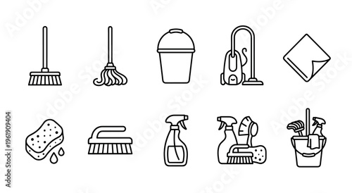 A set of simple line art icons representing various cleaning tools like brooms, mops, buckets, vacuum cleaner, spray bottles, sponges, and brushes on a white background.