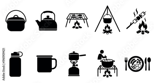 A collection of black icons on a white background depicts various camping and outdoor cooking activities like boiling water, grilling, and preparing food.