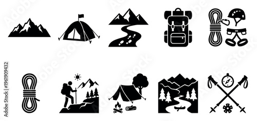 A collection of black and white vector icons depicting elements of mountain hiking and camping, perfect for illustrating outdoor activities and adventure.