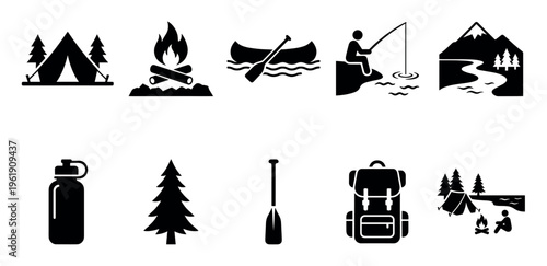 A collection of black and white vector icons depicting various outdoor adventure and camping activities, including tents, campfires, fishing, and canoeing.