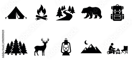 A collection of black vector icons representing various elements of camping and outdoor adventure, including a tent, campfire, trees, bear, backpack, deer, lantern, mountains, and a person by a fire.