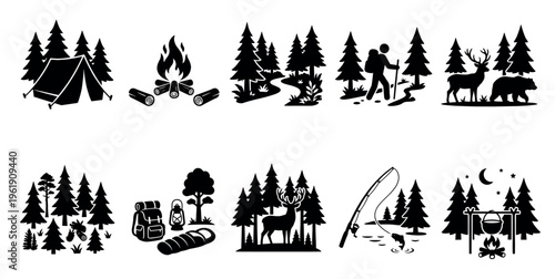 A collection of black silhouette icons depicts various outdoor camping and forest adventure scenes, including tents, campfires, hikers, wildlife, fishing, and night sky elements.