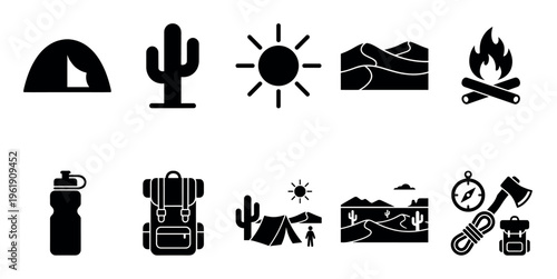 A collection of black and white vector icons depicting desert camping elements like tents, cacti, campfires, backpacks, and compasses.