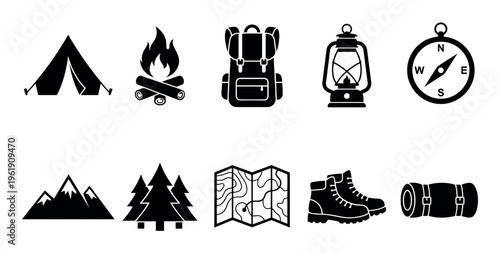 A collection of black silhouette icons representing various elements of outdoor adventure, including a tent, campfire, backpack, lantern, compass, mountains, trees, map, boots, and sleeping bag.