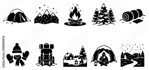 A collection of black and white vector icons representing various aspects of winter camping and outdoor adventure, ideal for graphic design and illustration.