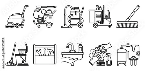A collection of simple, black and white line art icons representing various cleaning tools and equipment used in commercial and domestic settings.
