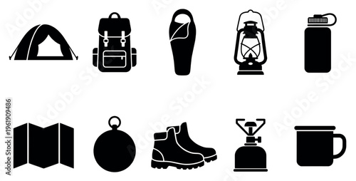 Collection of black vector silhouette icons representing essential camping equipment for outdoor adventures, including a tent, backpack, and lantern.