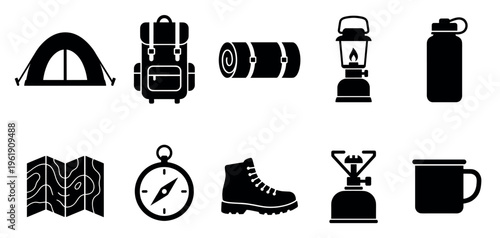 A collection of black flat icons representing essential camping and hiking gear, including a tent, backpack, sleeping bag, lantern, water bottle, map, compass, boot, stove, and mug.