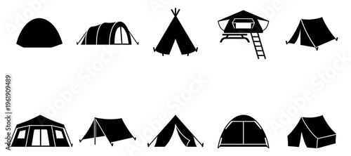 A collection of ten black silhouettes representing various tent types, from dome and tunnel to teepee and rooftop tents, suitable for camping and outdoor themes.