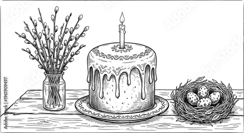 Traditional Easter still life vector illustration with kulich cake burning candle willow branches and quail eggs in nest.