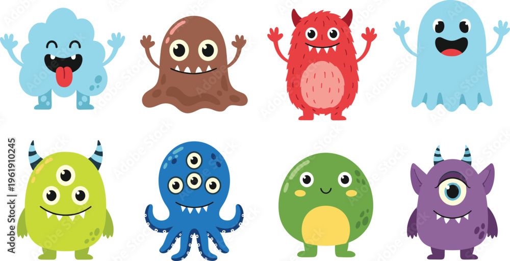 Fototapeta premium Cute Cartoon Monster Characters Set with Funny Colorful Creatures Fantasy Mascots for Kids Design Stickers and Playful Vector Illustration.