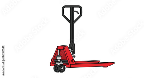 A red pallet jack, a type of warehouse logistics system equipment, on a white background with industrial tones