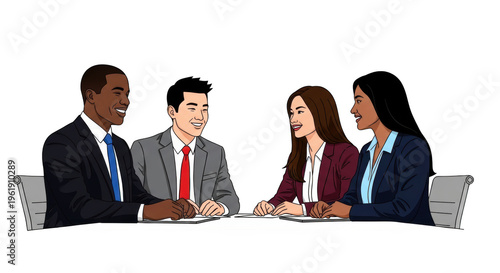 Diverse group of four business professionals sitting at a conference table and having a collaborative meeting isolated on transparent background