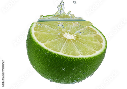Fresh green lime cut in half with water splash, isolated on white background