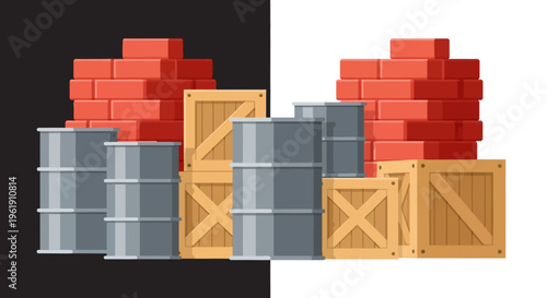 A digital illustration of industrial storage containers and bricks.