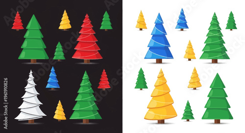 Colorful Christmas tree icons on black and white backgrounds.