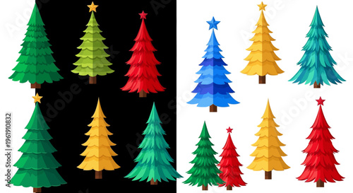 Colorful Christmas trees on black and white backgrounds for decoration.