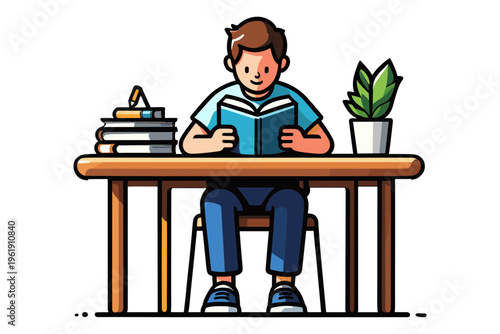 Student reading book at desk flat