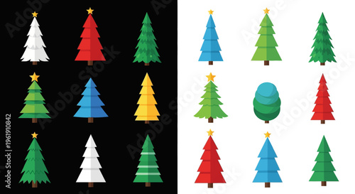 Colorful Christmas trees on black and white backgrounds.