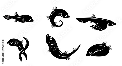 Set of Six Stylized Black Fish Silhouettes on White Background